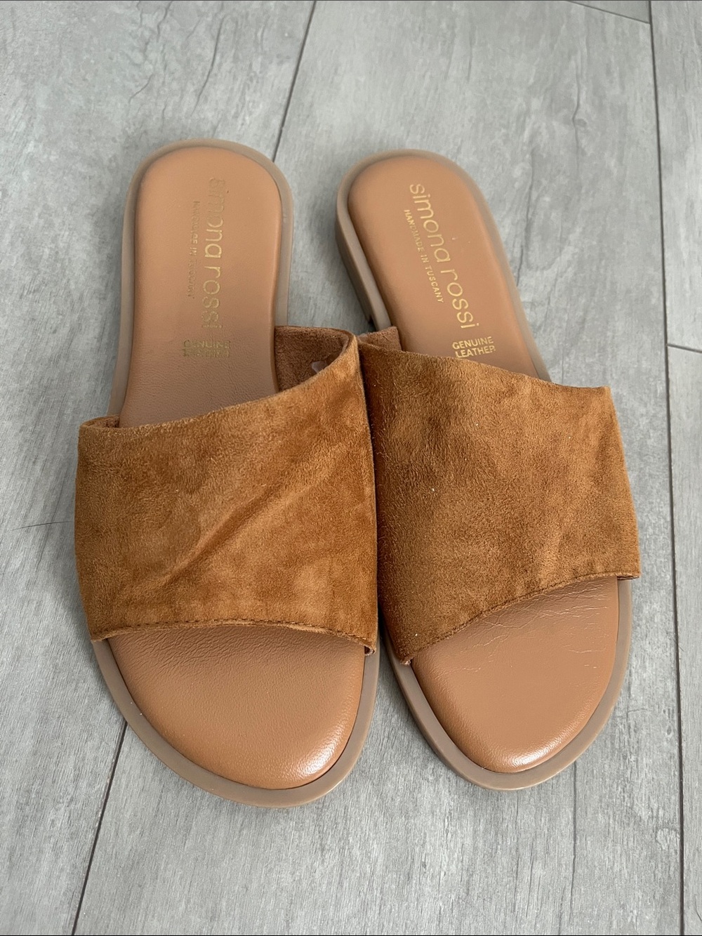 New Italian Suede Slide Mules in Tan, Size 8